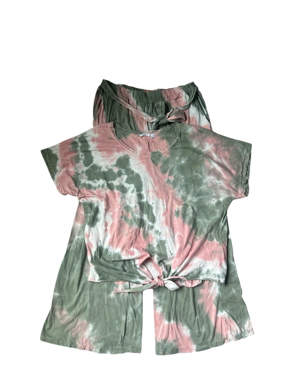 Kaktus Pink and Olive Tie-Dye set Short Sleeve Knot-Front Top and pants L